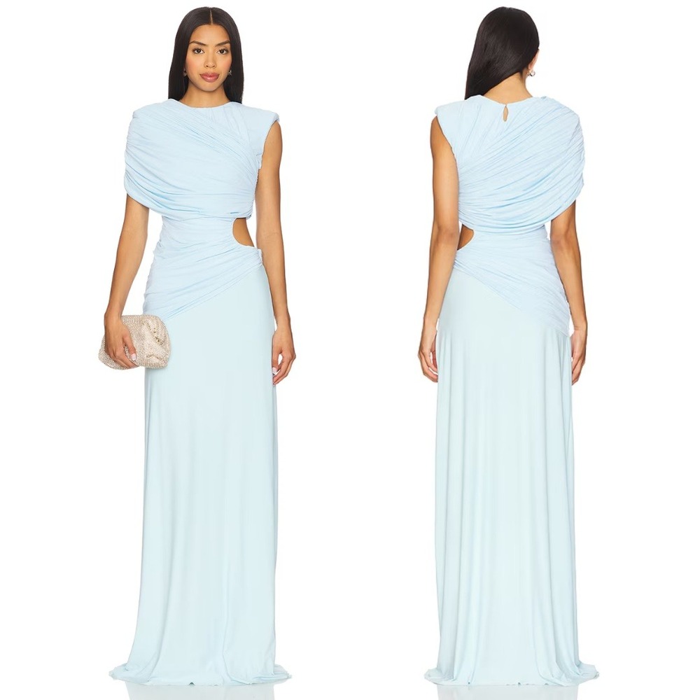 Elegant Light Blue Maxi Dress with Draped Bodice